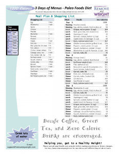 Printable 3 Day Diet Menu 1200 Calories a day Paleo Foods