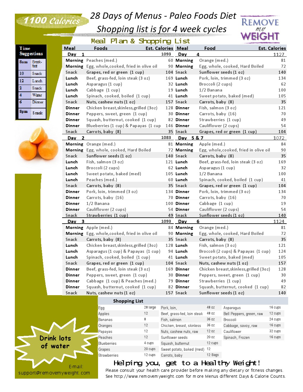 Free 1100 Calories A Day 28 Day Paleo Diet With Shopping List Printable Menu Plan For Weight 