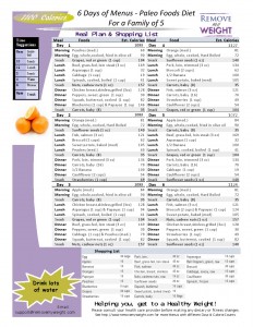 1100 Calorie, family of 5, 6 day Diet and Menu Plan Paleo Foods