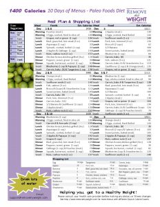 Paleo Diet Printable 10 Day 1400 Calories a day Menu