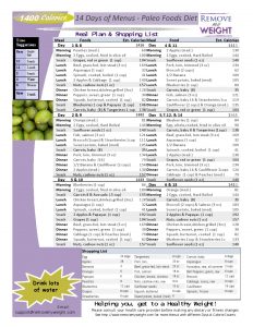 Paleo Diet Printable 14 Day 1400 Calories a day Menu