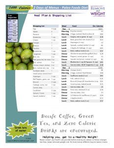 Paleo Diet Printable 2 Day 1400 Calories a day Menu