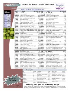 Paleo Diet Printable 21 Day 1400 Calories a day Menu