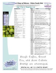 Paleo Diet Printable 3 Day 1400 Calories a day Menu