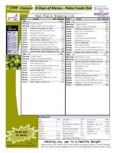 Paleo Diet Printable 4 Day 1400 Calories a day Menu