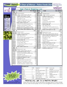 Paleo Diet Printable 5 Day 1400 Calories a day Menu