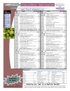 Paleo Diet Printable 6 Day 1400 Calories a day Menu