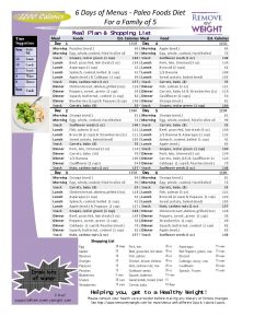 Paleo Diet 5 person 6 Day Menu Plan at 1200 Calories a day